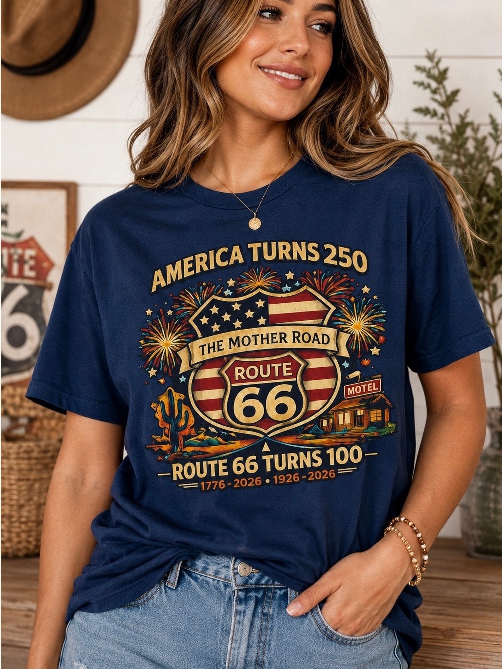 AMERICA turns 250 shirt, ROUTE 66 centennial retro patriotic USA Tee